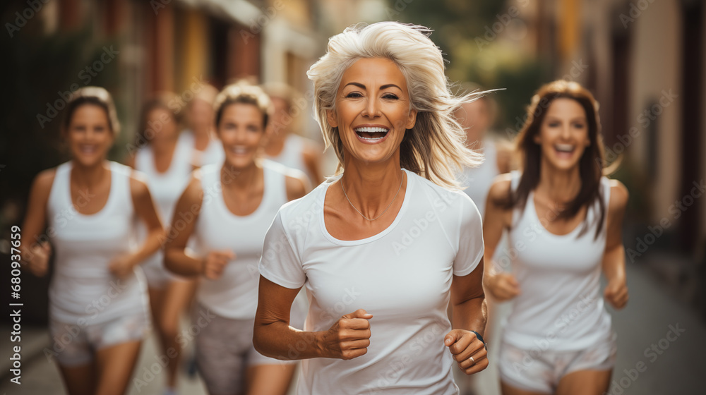 Group of happy women running in the city. Healthy lifestyle. Group of happy women running in the city. Healthy lifestyle.