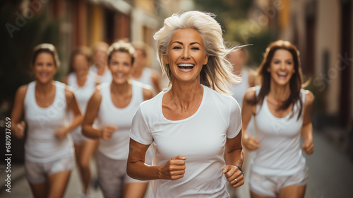 Group of happy women running in the city. Healthy lifestyle.