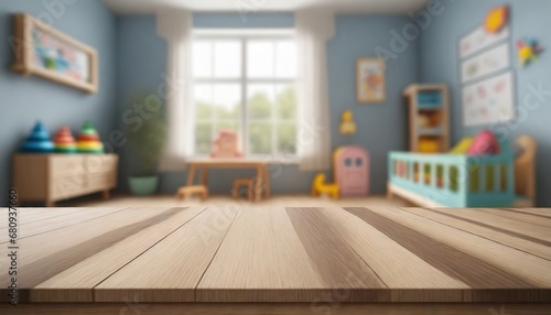  Empty wooden table top and blurred kids room interior on the background. Copy space for your object, product, toy presentation. Display, promotion, advertising
