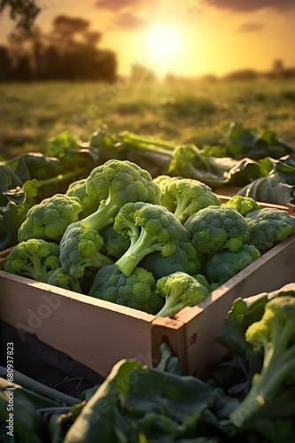 Broccoli harvested in a wooden box with field and sunset in the background. Natural organic fruit abundance. Agriculture, healthy and natural food concept. Vertical composition.