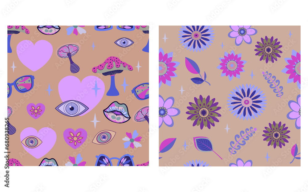 Bohemian seamless patterns from the 70s with a psychedelic twist, groovy hippie inspired backgrounds. Cartoon style prints featuring flowers and mushrooms, glasses and retro elements. Bohemian seamless patterns from the 70s with a psychedelic twist, groovy hippie inspired backgrounds. Cartoon style prints featuring flowers and mushrooms, glasses and retro elements.