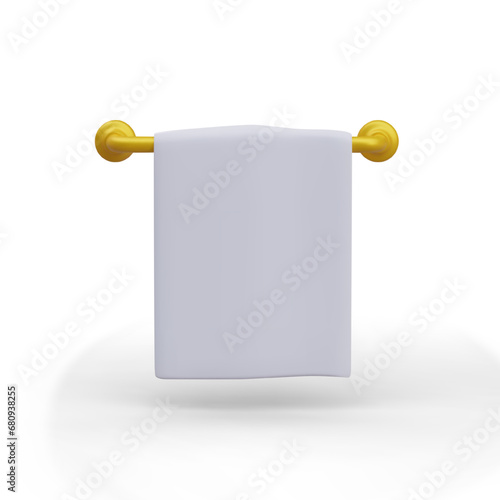 White towel on horizontal gold hanger. Moisture wicking cloth. Accessory for bathroom, kitchen, sauna, swimming pool. Vector realistic image without labels, mockup