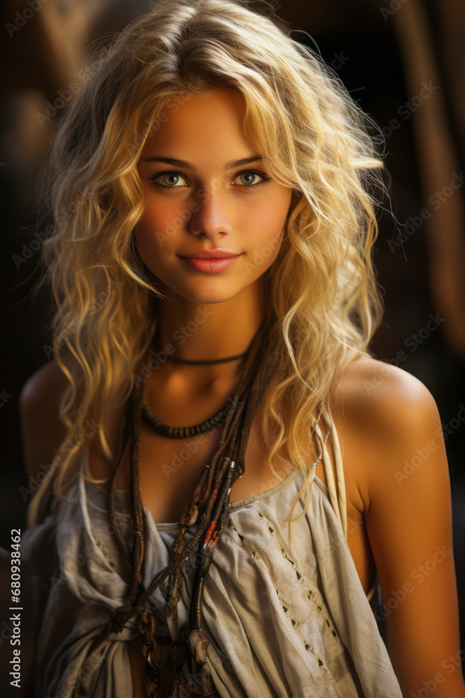 Jeune femme blonde avec de grand collier tribal. Jeune femme blonde avec de grand collier tribal.