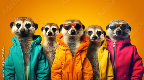 Creative animal concept. Meerkat in a group, vibrant bright fashionable outfits isolated on solid background advertisement