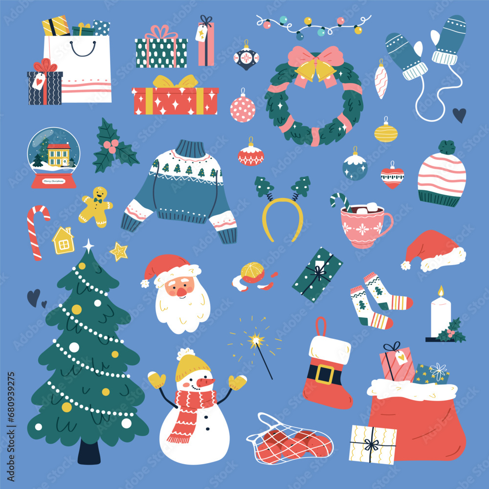 Set of items for Christmas celebration. Flat vector illustration isolated on blue background.