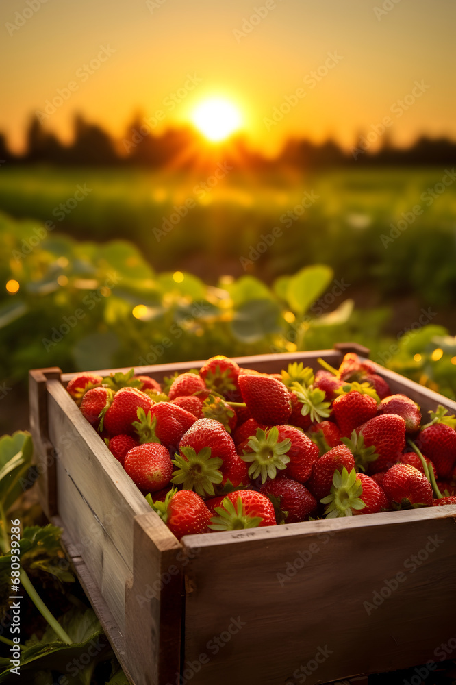 Strawberries harvested in a wooden box in a field with sunset. Natural organic fruit abundance. Agriculture, healthy and natural food concept. Vertical composition. Strawberries harvested in a wooden box in a field with sunset. Natural organic fruit abundance. Agriculture, healthy and natural food concept. Vertical composition.
