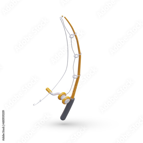 Fishing wooden realistic rod. Fishing and active hobby concept. Professional equipment for fisherman. Fishing time concept. Vector illustration in 3d style