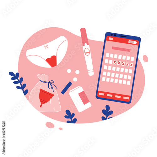 Menstruation period composition with calendar on smartphone, menstrual cup, pills. Flat vector illustration.