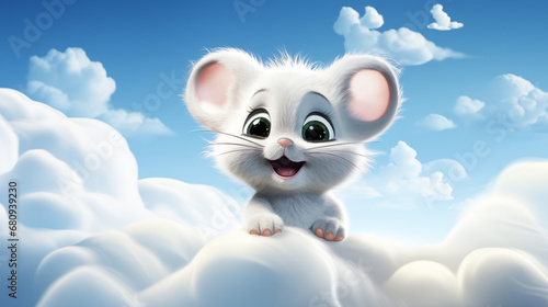 Cute little white mouse in the clouds. 3d rendering. 