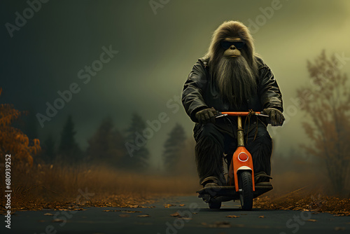 hairy beast Bigfoot rides scooter © Alex Bur