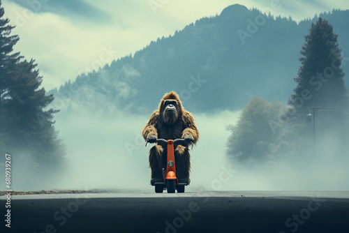 hairy beast Bigfoot rides scooter photo