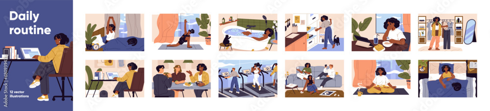 Daily routine set. Busy girl everyday life: work at home, meeting with people. Young woman sleeps with cat, do yoga, training, bathing. Efficiency day, schedule lifestyle. Flat vector illustrations