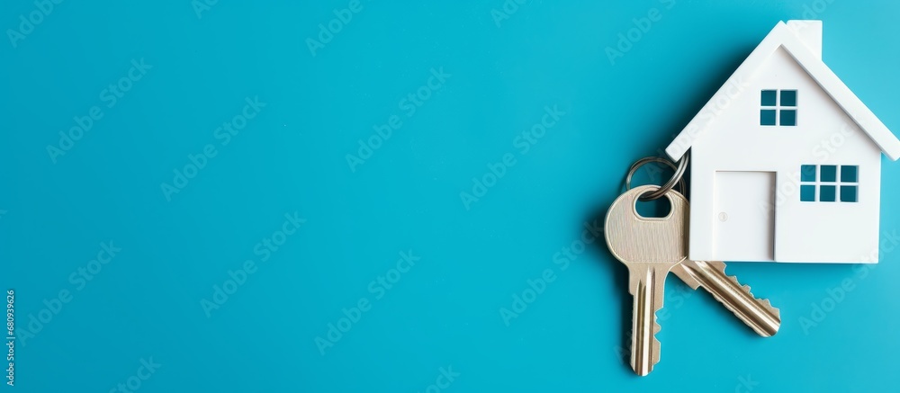 The concept of buying real estate, minimalistic blue background. A key with a keychain in the form of a house. Rental housing, purchase or sale. Banner with copy space. Generative AI. - obrazy, fototapety, plakaty 