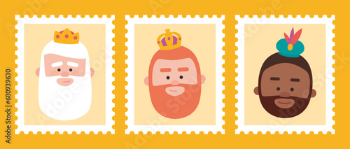 Funny Yellow Stamps packs of the wise men. The three kings of orient, Melchior, Gaspard and Balthazar.