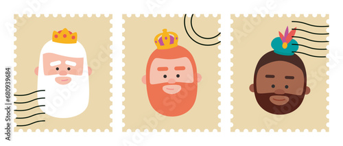 Funny Stamps packs of the wise men. The three kings of orient, Melchior, Gaspard and Balthazar.