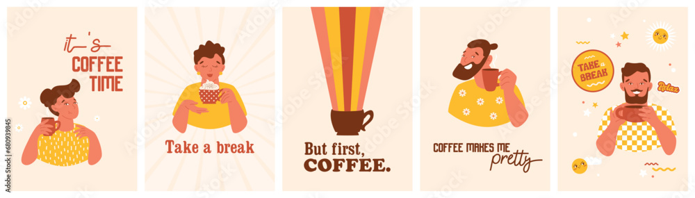 Fototapeta premium Coffee posters in retro style with funny people holding drinks. Woman, man with cappuccino. Vintage emoji, stars, flowers on card. Print for cafe, restaurant, bar. Vector illustrations set.