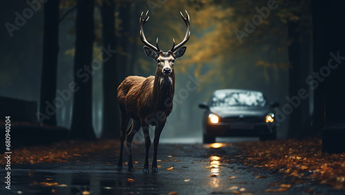 A deer was standing on the shoulder of the road and there was a car nearby.