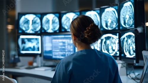 Female neurosurgeon analyzing computer tomography of the brain on a monitor in a modern hospital. health concept. photo