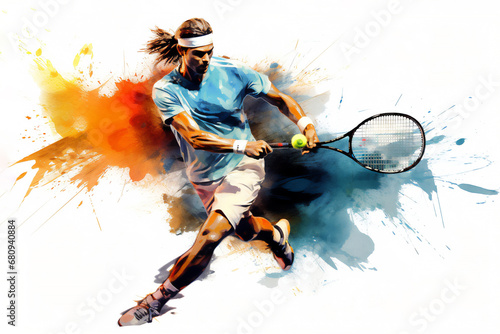 Abstract watercolour painting of an athlete male tennis player at a match sport tournament event  exemplifying athleticism and competitive spirit  computer Generative AI stock illustration image
