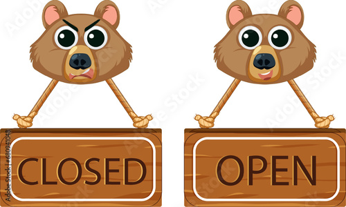 Closed and Open Sign Banner with Bear Face