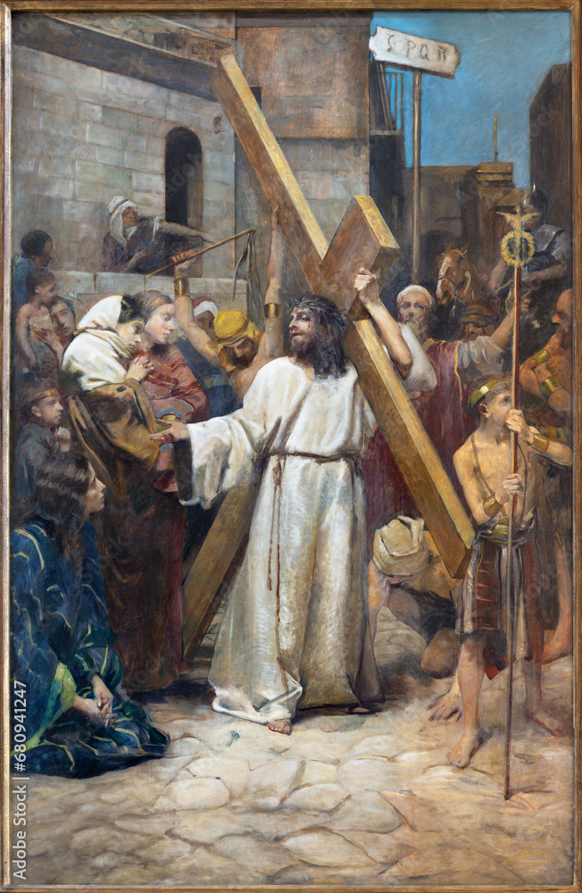TREVISO, ITALY - NOVEMBER 8, 2023: The painting  Jesus meets the women of Jerusalem as part of Cross way stations in the church La Cattedrale di San Pietro Apostolo by Alessandro Pomi (1947).