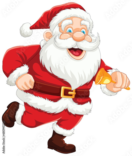 Cheerful Santa Claus Cartoon Character Running with Bell