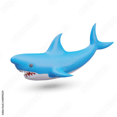Realistic shark on white background. Shark fish mascot design. Toy concept. Ocean swimming animal. Vector illustration in 3d style in blue colors on white background