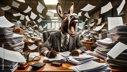 Anthropomorphic donkey working on office desk  photo