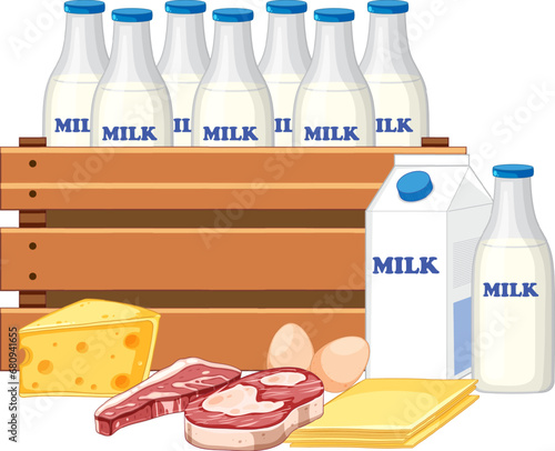 Isolated Wooden Crate Filled with Milk and Protein