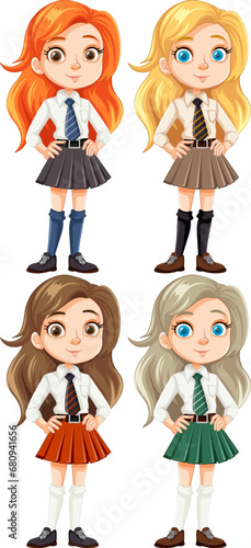 Smiling Teen Girl in Beautiful Long Hair and School Uniform