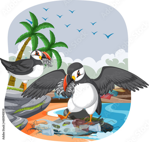 Puffin Bird on Trash-Filled Beach