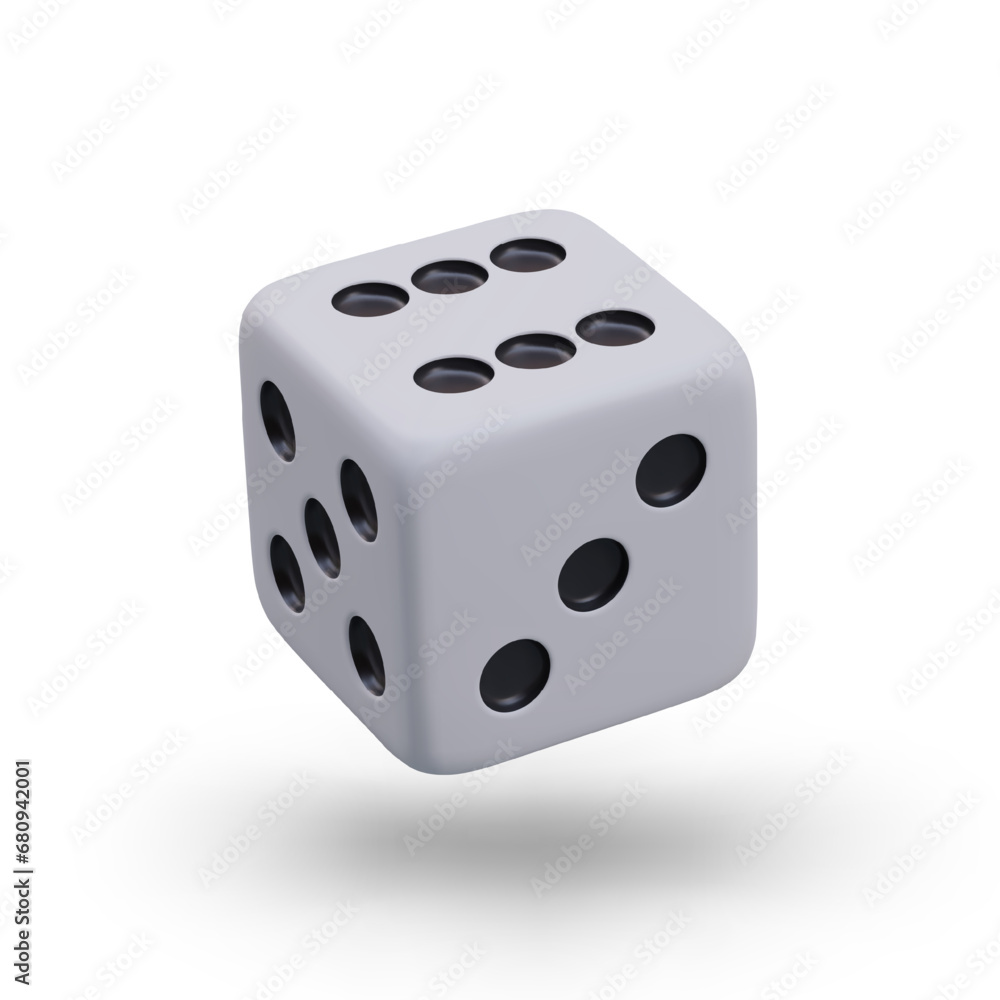 Single playing dice on white background. Realistic vector image, game accessory. Symbol of fortune, luck, gambling. Color illustration for web design. Online casino icon Single playing dice on white background. Realistic vector image, game accessory. Symbol of fortune, luck, gambling. Color illustration for web design. Online casino icon