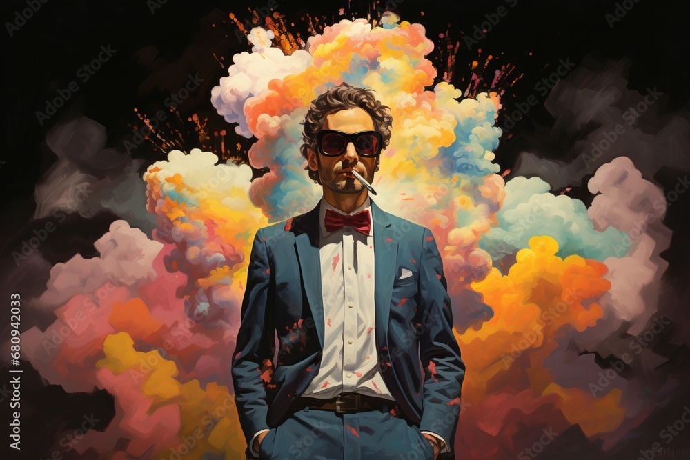 A Man Standing in Front of a Vibrant Cloud of Colored Smoke - obrazy, fototapety, plakaty 