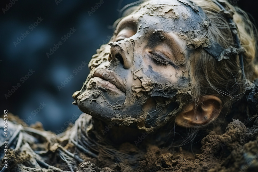 Close-up of sleeping zombie woman's face, horror theme.