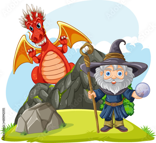 Wizard Cartoon Character with Dragon