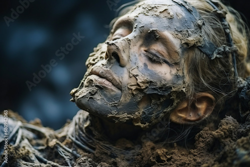 Close-up of sleeping zombie woman s face  horror theme.