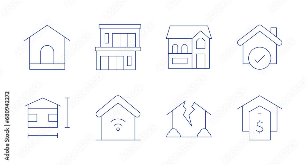 Home icons. Editable stroke. Containing dog house, house plan, house, broken family, modern house, smart home.