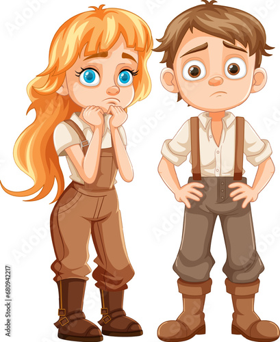 Принти на полотні Bored Farmer Boy and Girl Cartoon Characters