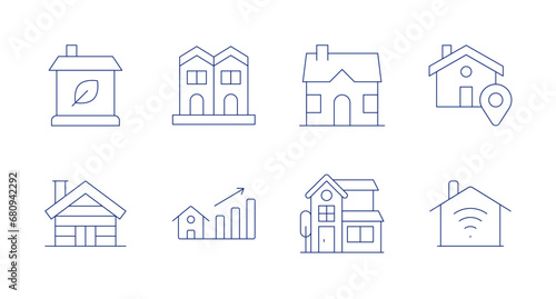 Home icons. Editable stroke. Containing eco house, wooden house, house, villa, neighborhood, value, location, smart house.