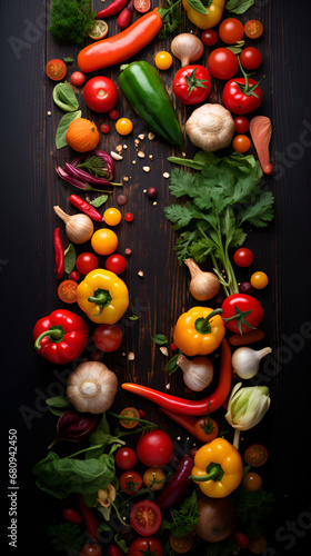 Layout of vegetables on a grey background with space for text and design.