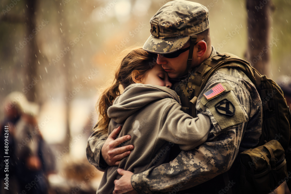 Army soldier embracing his daughter. Military family reunion