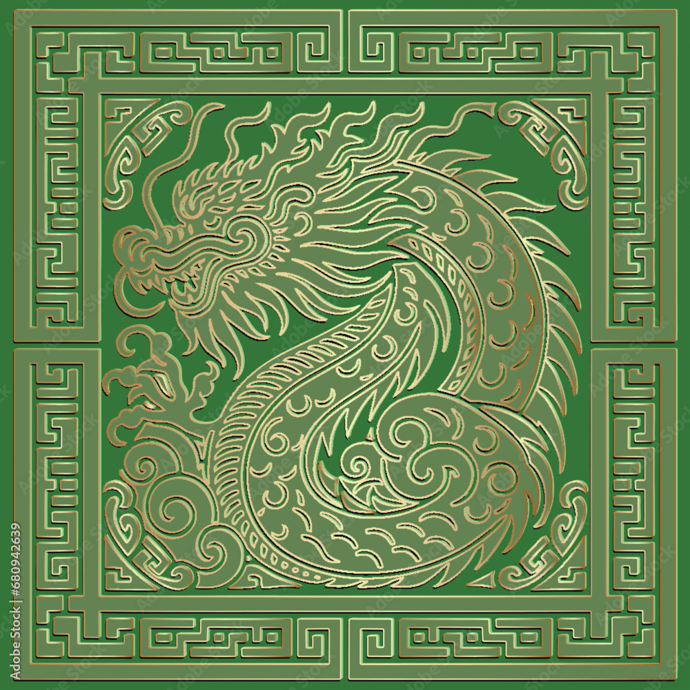 Ornamental green emboss 3d chinese dragon with gold outlines and