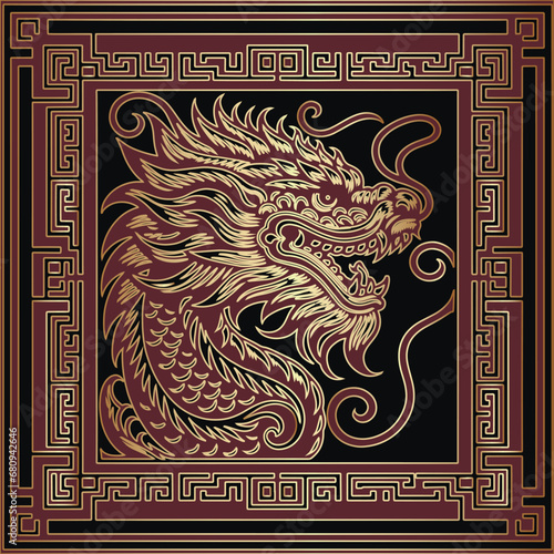 Red ornamental drawing chinese dragon with gold outlines and square chinese style frame. Beautiful decorative luxury pattern. Vector background. Trendy ornate design
