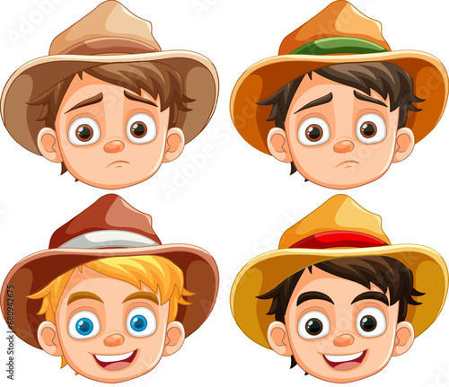 Set of Boy Face Cartoon: Happy and Sad Expressions