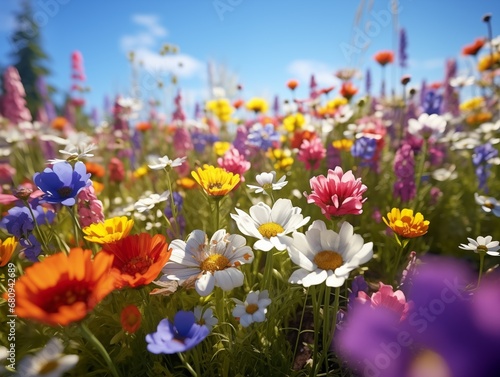 a bright colored field with flowers on a blue sky background