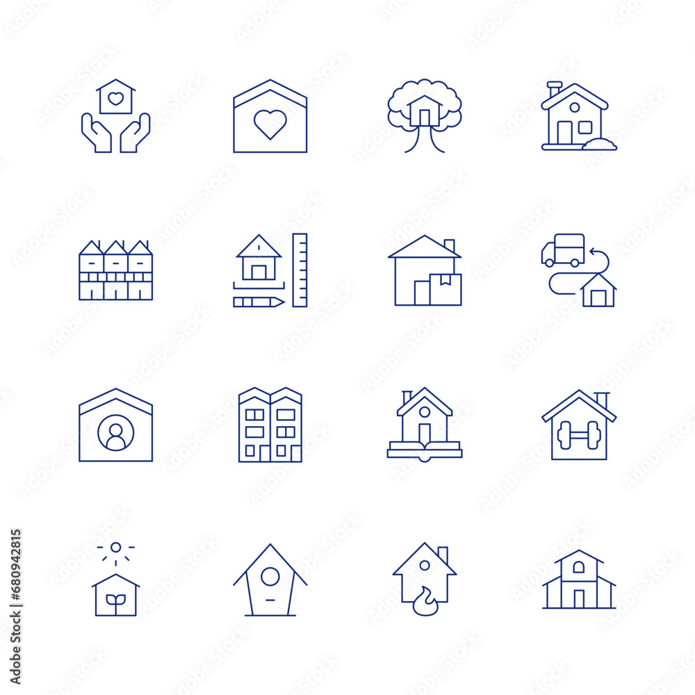 Home line icon set on transparent background with editable stroke. Containing home, multifamily house, green house, tree house, home delivery, house rules, home insurance, house design, house.