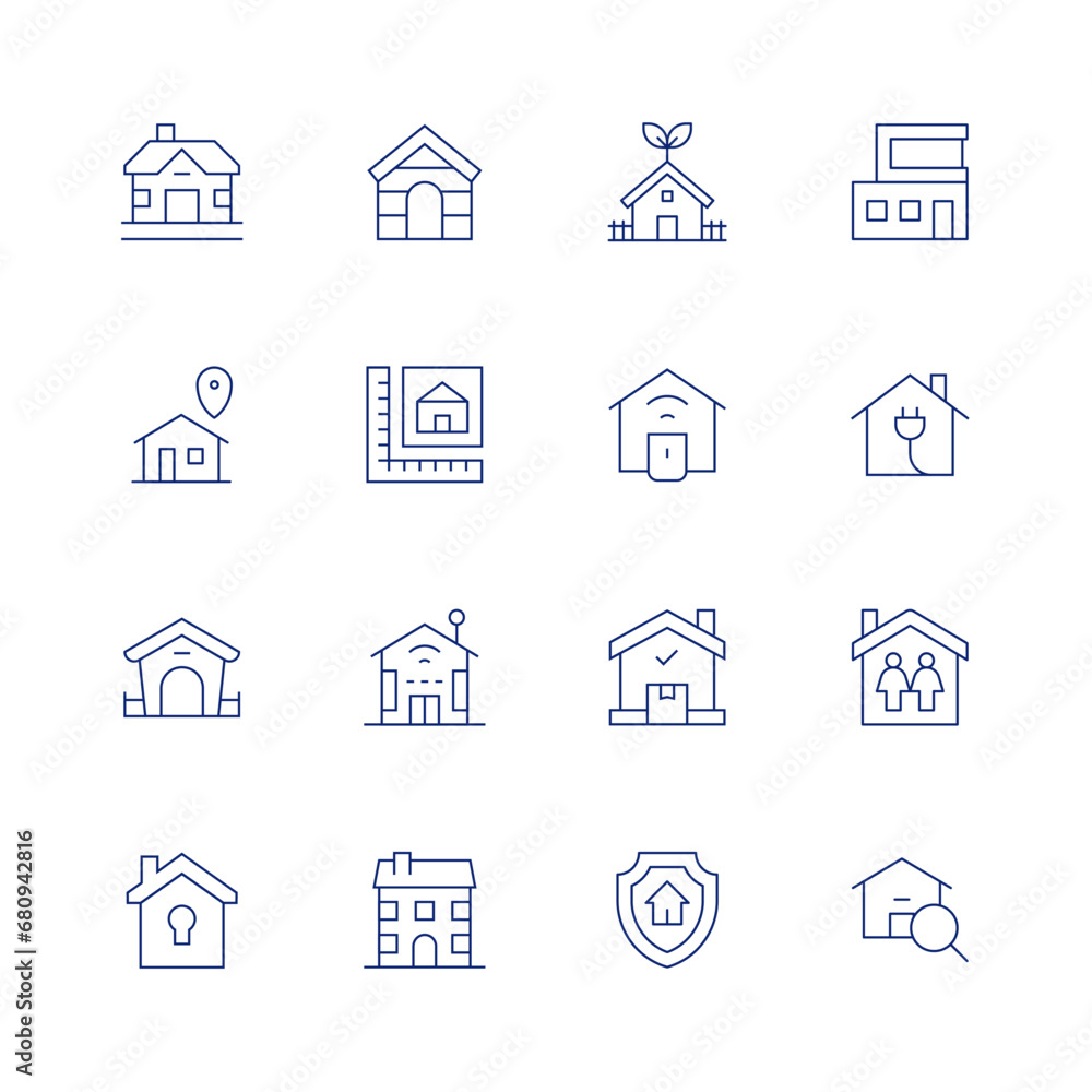 Home line icon set on transparent background with editable stroke. Containing home, house, dog house, home security, eco house, home automation, home delivery, home insurance, house plan, smart house.