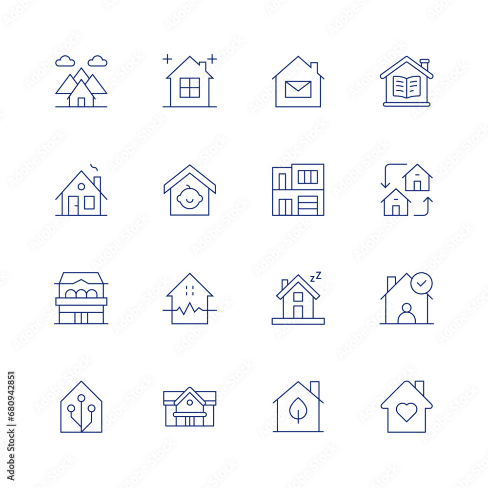 Home line icon set on transparent background with editable stroke. Containing house, nursing home, smart house, working at home, modern house, home, eco house, clean house, child, earthquake.