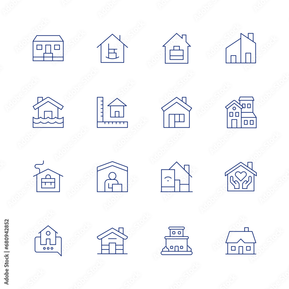 Home line icon set on transparent background with editable stroke. Containing house, flooded house, working at home, home, home automation, nursing home, retirement home, size, work from home, modern.