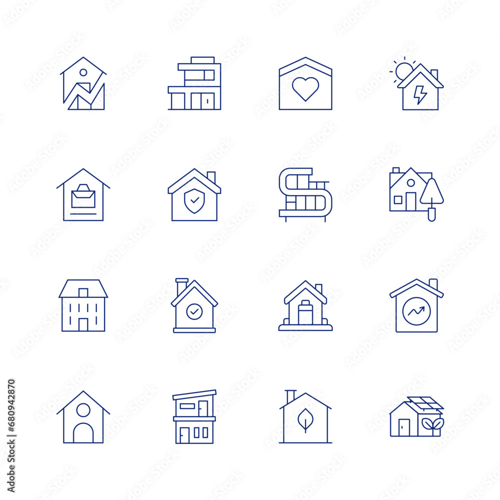 Home line icon set on transparent background with editable stroke. Containing house, work from home, dog house, home, modern house, green house, protect, insurance, solar energy, trowel, market.